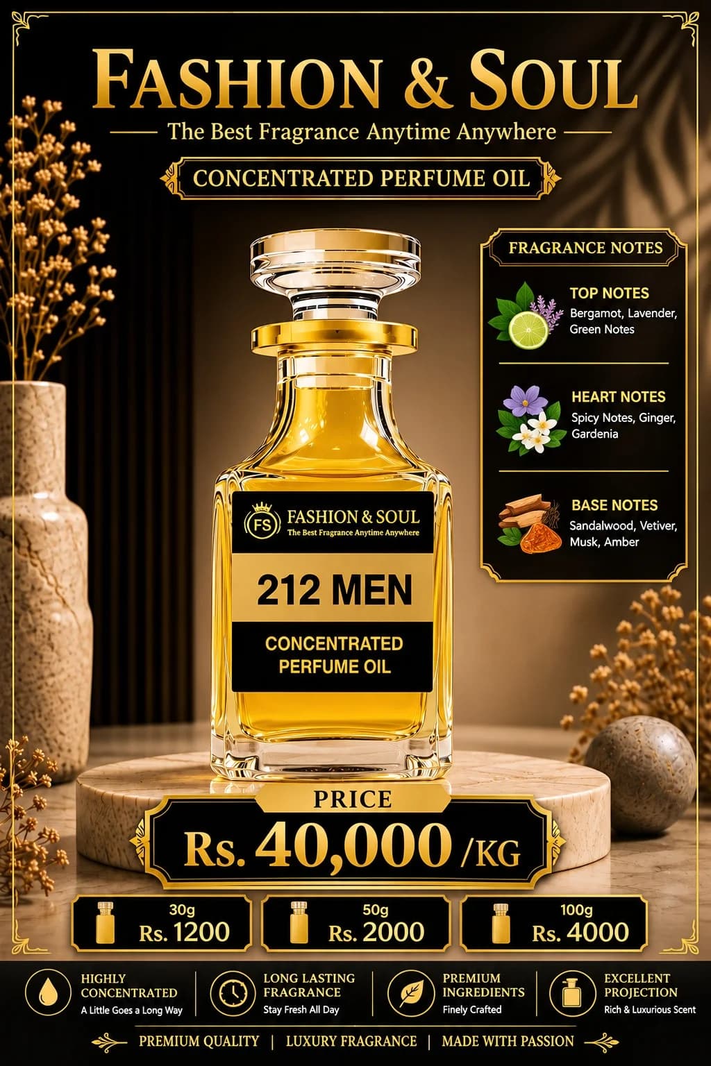212 Men concentrated perfume oil poster — fragrance notes and prices by Fashion & Soul